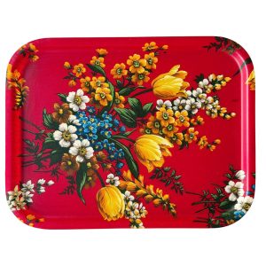 Plateau rectangulaire rouge fibre de verre fleurs