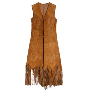 Gilet franges long en daim brodé