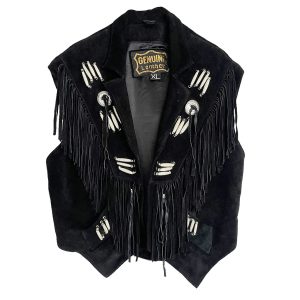 Gilet daim noir franges 80s