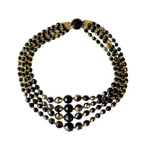 Collier jais noir dore 4 rangs
