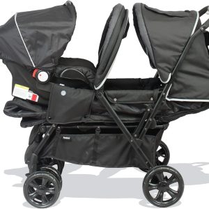 Poussette Double BAMBISOL 2-en-1 pour Jumeaux – Cosy Auto Inclus, Pliable, Noir et Gris