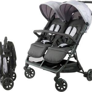 Bambisol Poussette Double Côte à Côte – Idéale pour Jumeaux, Pliage Ultra-Compact, Noir et Gris
