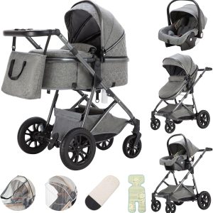 Poussette 3 en 1 Zkiprm – Poussette Portable Réglable avec Siège Auto, Gris Foncé