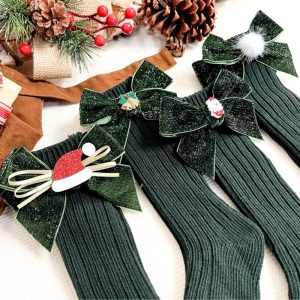 Chaussettes De Noël Hautes Vertes Avec Nœud Pailleté