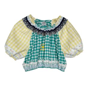 Blouse vichy vert pastel fleurs jaunes