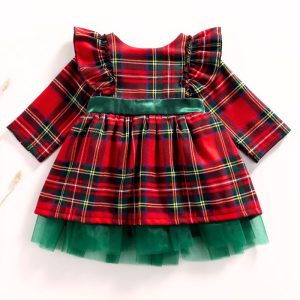Robe De Noël Fille Tartan Avec Nœud